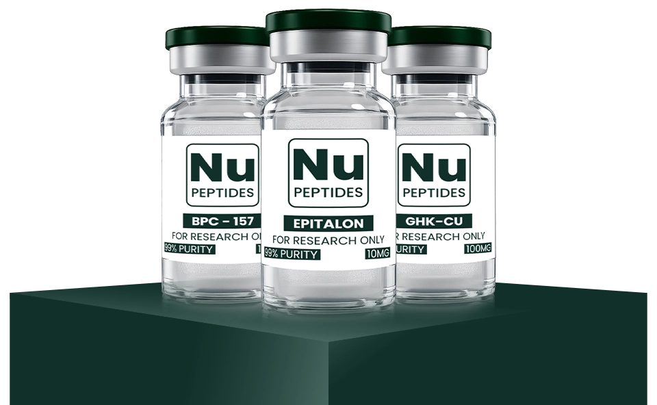 Nu Peptides research vials — BPC-157, GHK-Cu, Epitalon